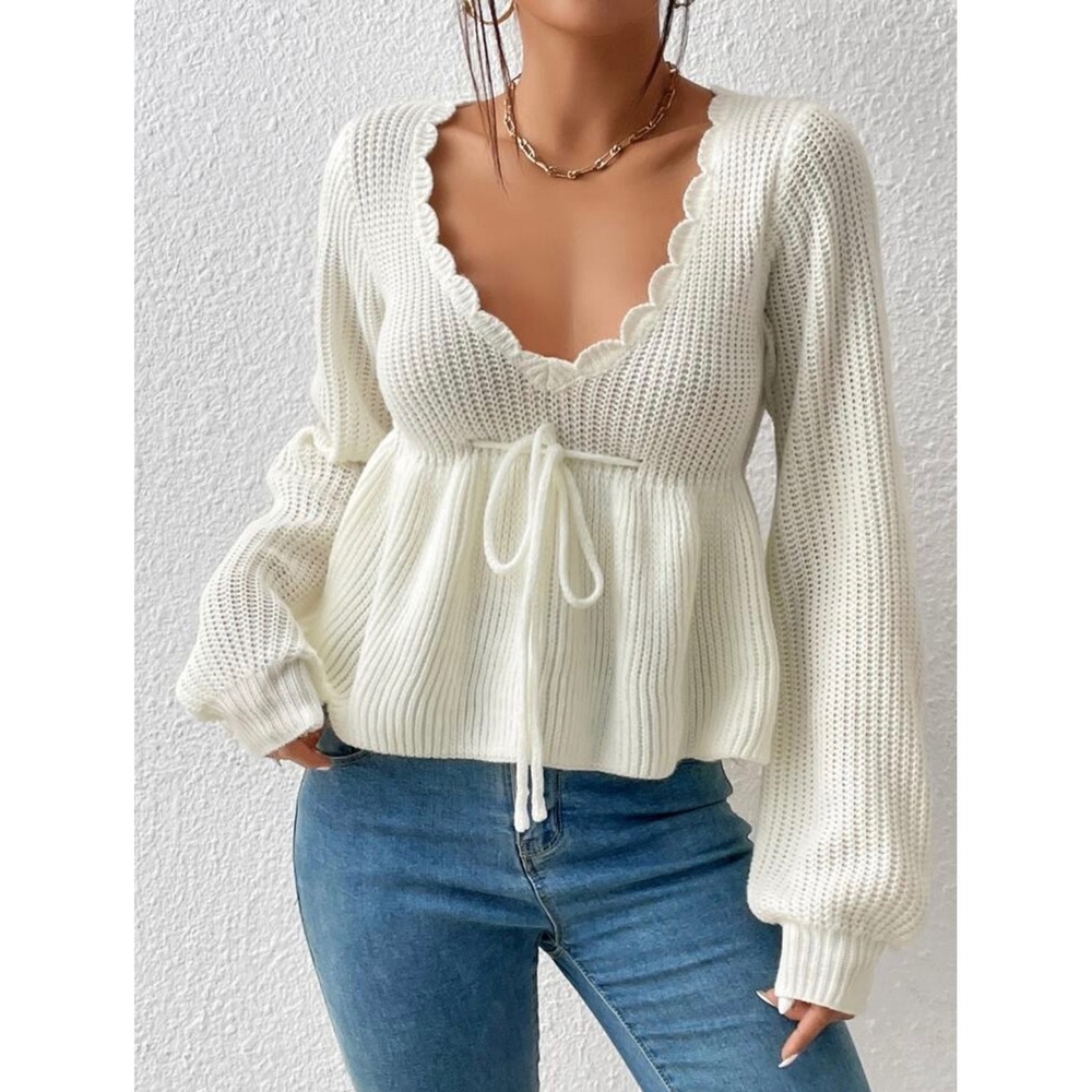 White Ribbed Knit Scalloped V-Neck Peplum Balloon Sleeve Sweater L Large